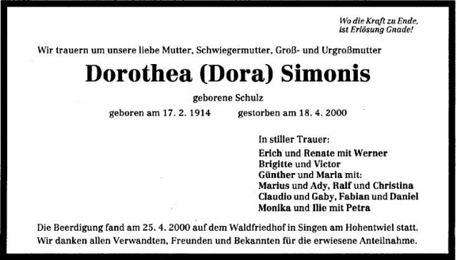 Schulz Dorothea 1914-2000 Todesanzeige